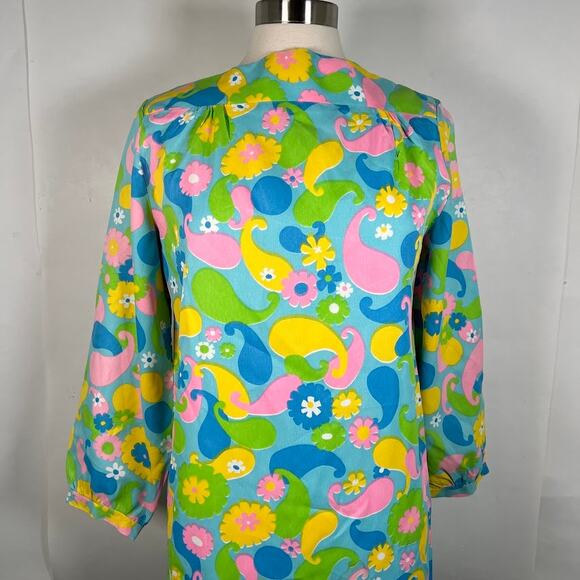 Vintage Women's Colorful Printed House Coat Midi Dress S Long Sleeve Novelty - Picture 2 of 7